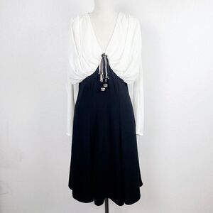 Spencer Alexis Dress 8 Cream Black Fringe Beads V-Neck‎ Long Sleeve Knee Length
